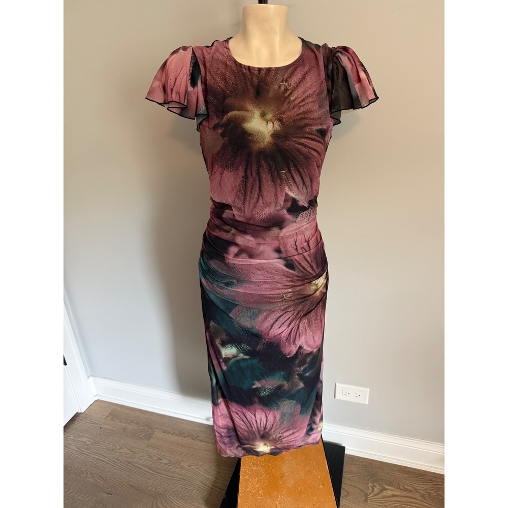 Lipsy London Ruched Printed Mesh Midi Dress Floral Short Sleeve Plum Black 10